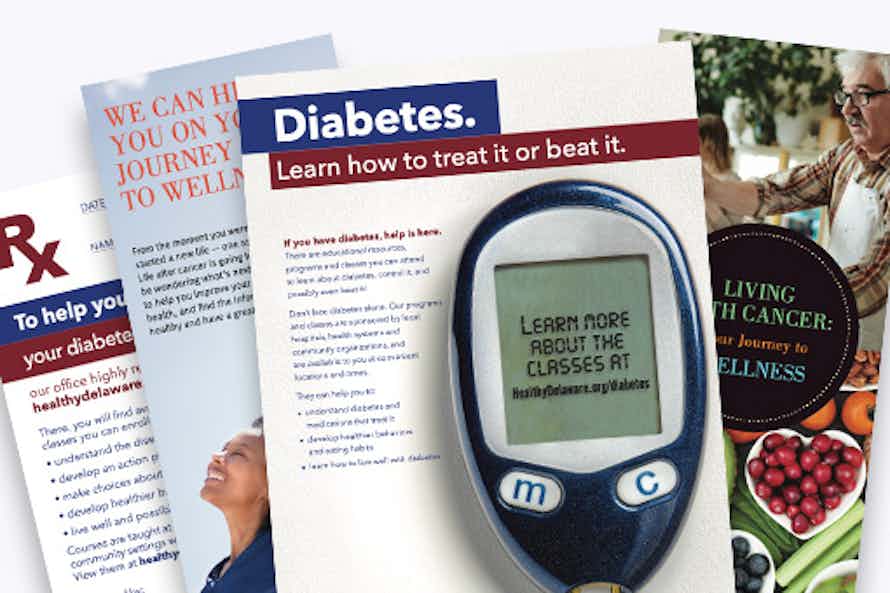 Picture of various free educational materials for healthy living. 